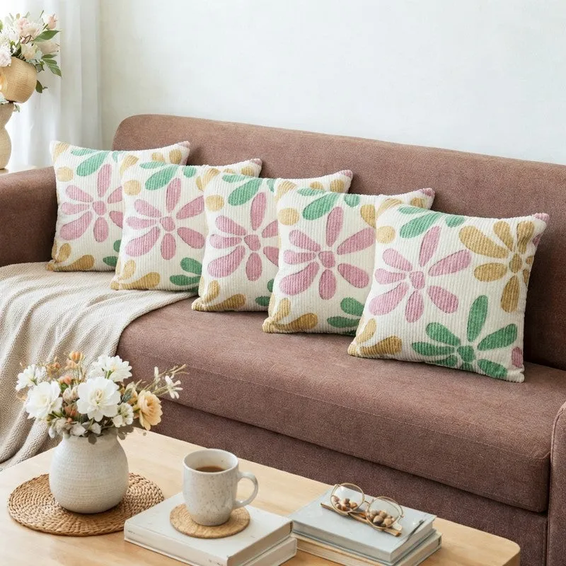 FloralGrace Cushion Cover (Pink, Mustard) - Set Of Five media 1