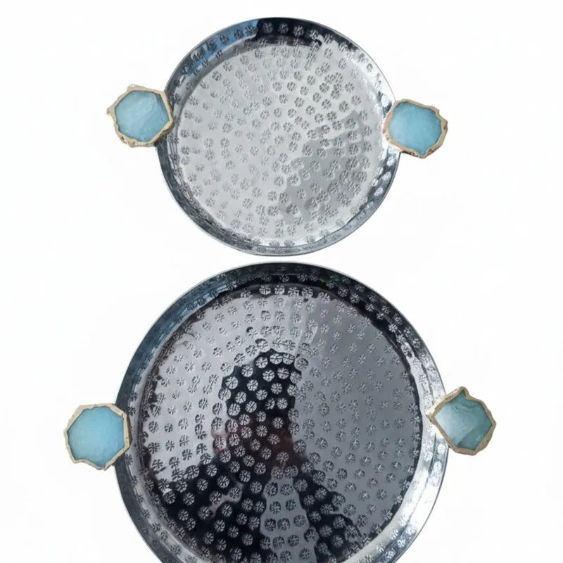Samitha (Aluminum,Agate) Platter With Agate Decoration (Turquoise) - Set of Two media 4