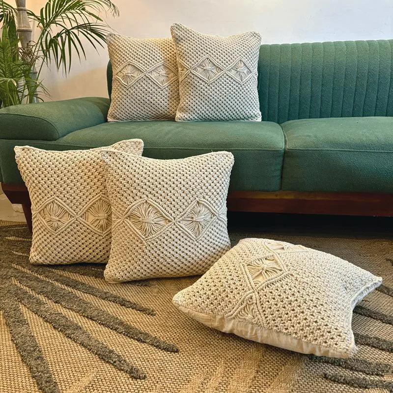 Nordic Knots Macrame Diamond Design Cotton Cushion Cover - Set Of Five media 1