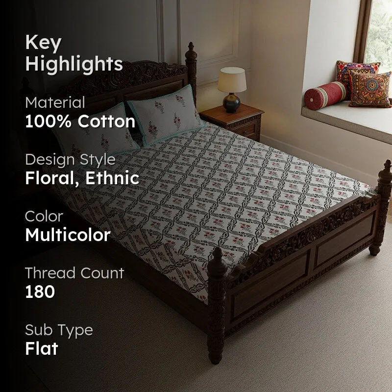 Nawabi Cotton Bedsheet (Teal, Red) - 180 TC media 2