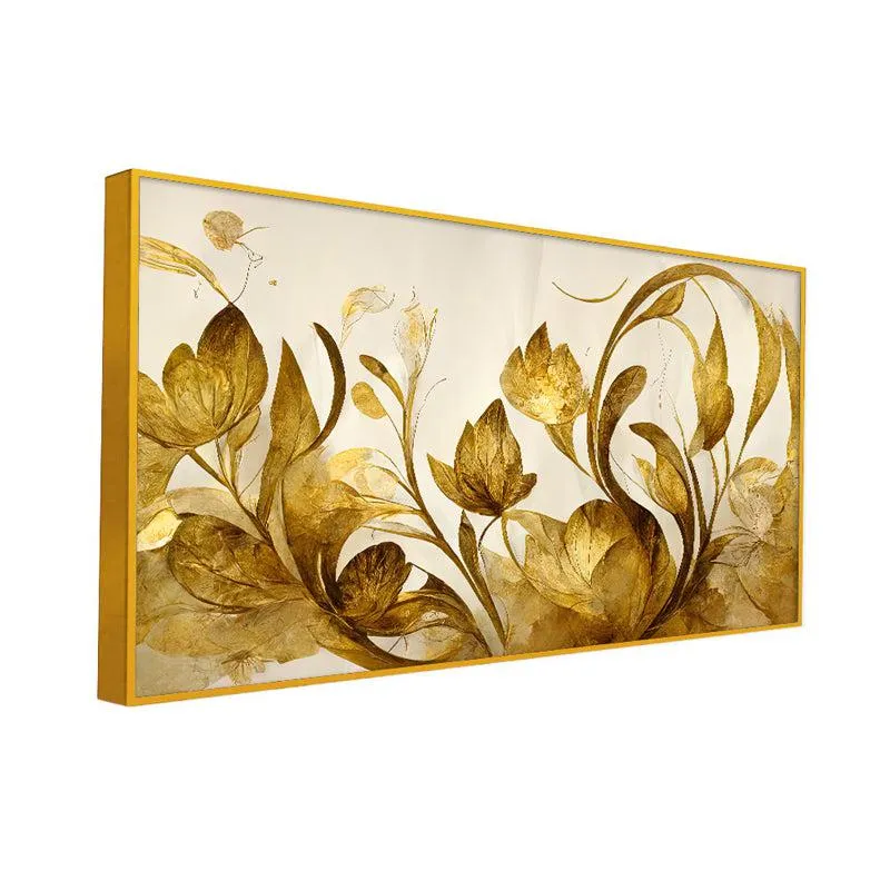 Shades Of Gold Floral Canvas Wall Painting With Frame - Gold media 3