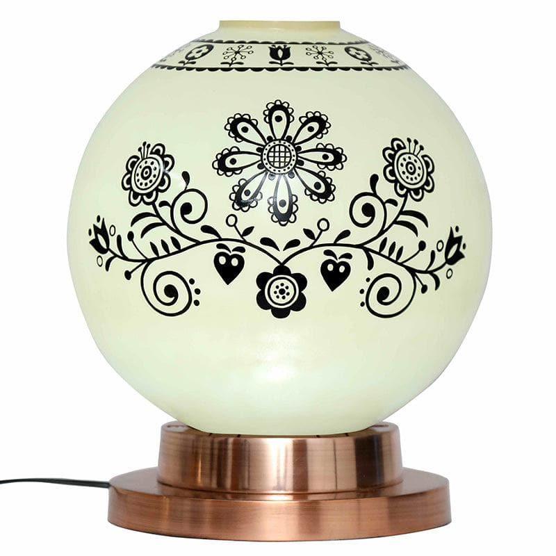 Round Floral Moon Hand Painted Glass Table Lamp With Copper Base - White,Black,Copper media 4