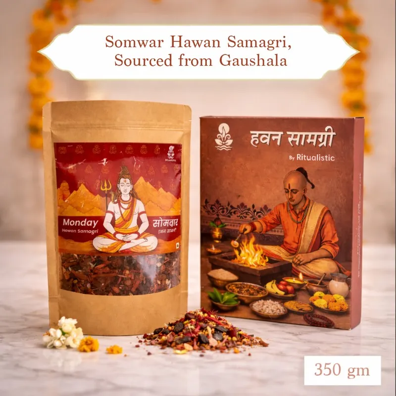 Somwar Hawan Samagri pouch and havan box arranged with flowers and loose ingredients