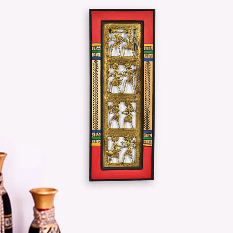 Praakriti Dhokra Hand Carved Brass & Pine Wooden Wall Accent media 1