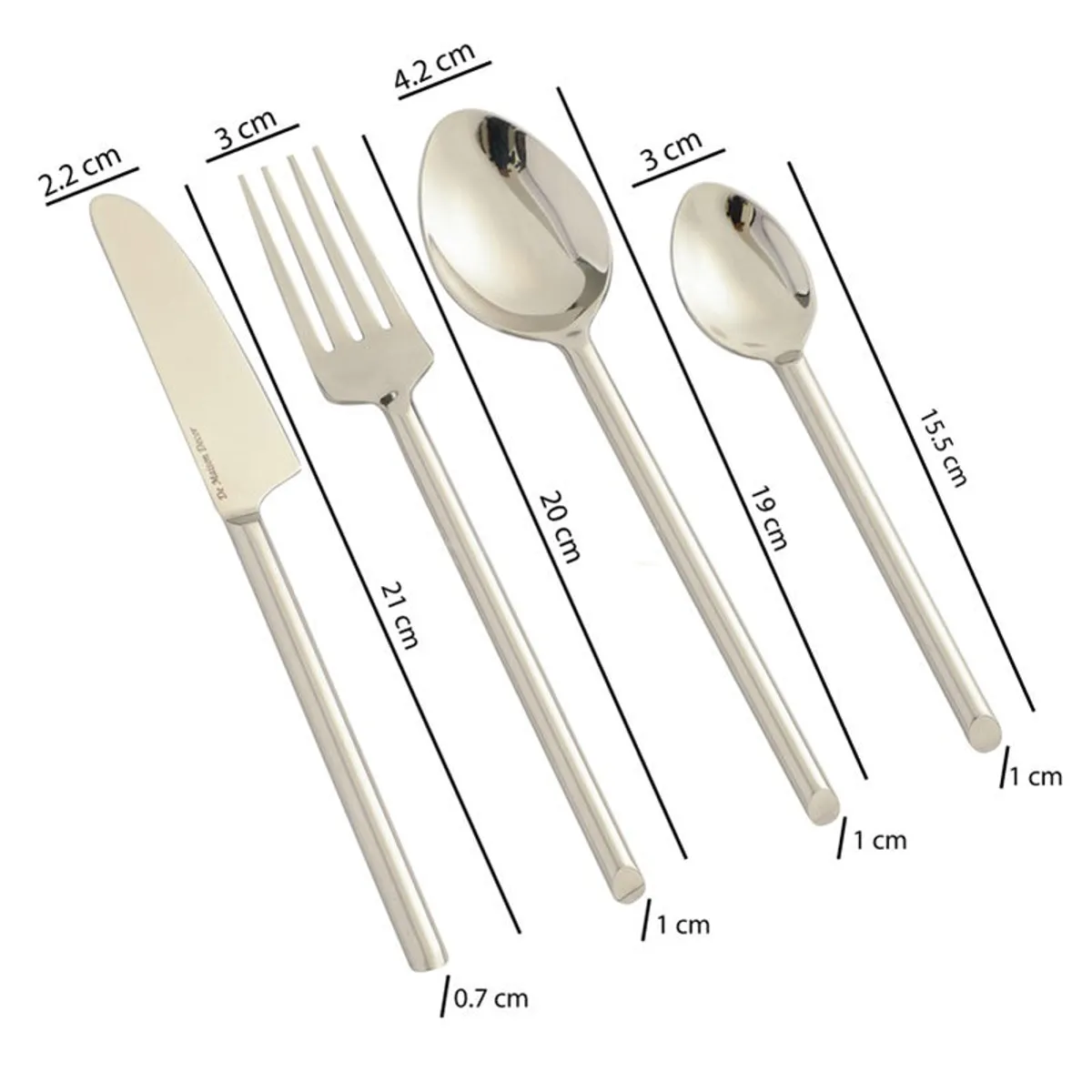 Silver knife, fork, big spoon and small spoon shown with dimensions