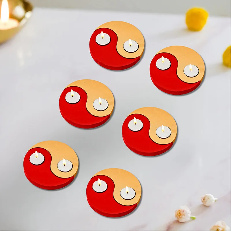 Red Yin Yang Wood Tea Light Holder - Set Of Six media 1