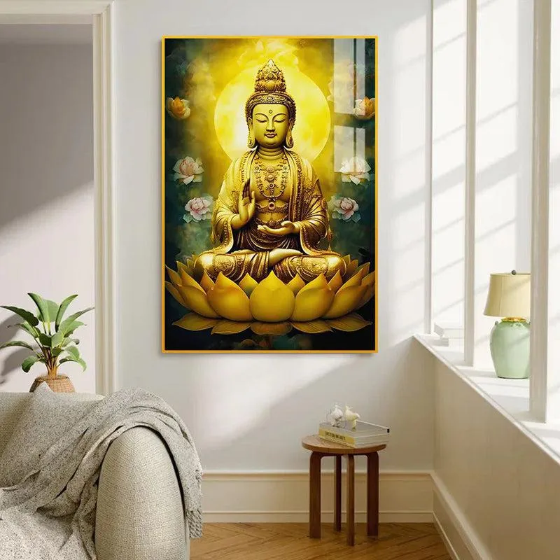 Kamalasana Buddha Spiritual Canvas Wall Art With Frame - Gold media 1