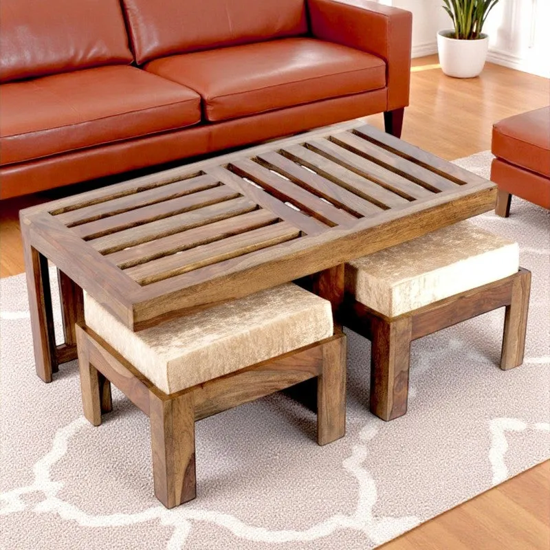 Dravon Sheesham Wooden Center Table with Stools (Brown,Beige) - Five Piece Set media 1