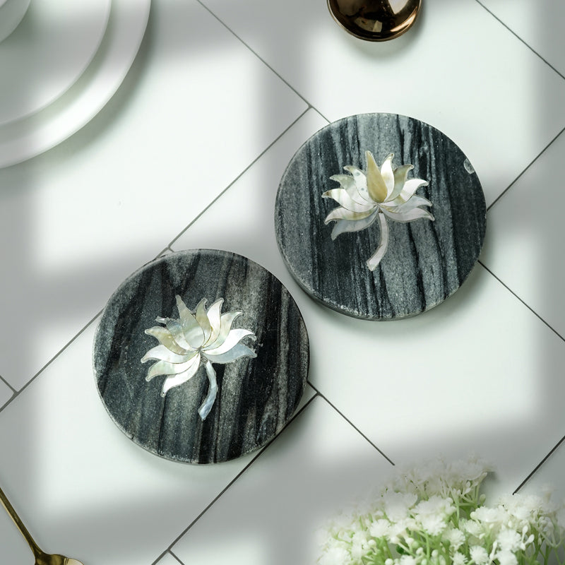 Lotus Marble Coaster With Mother Of Pearl Inlay (Grey) - Set Of Two