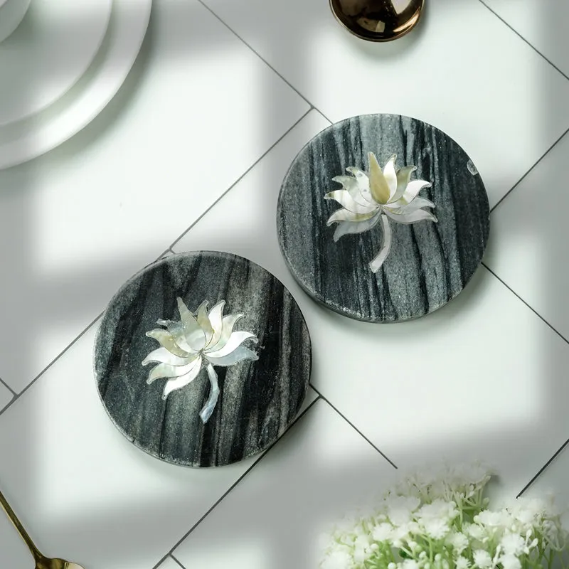 Lotus Marble Coaster With Mother Of Pearl Inlay (Grey) - Set Of Two media 1