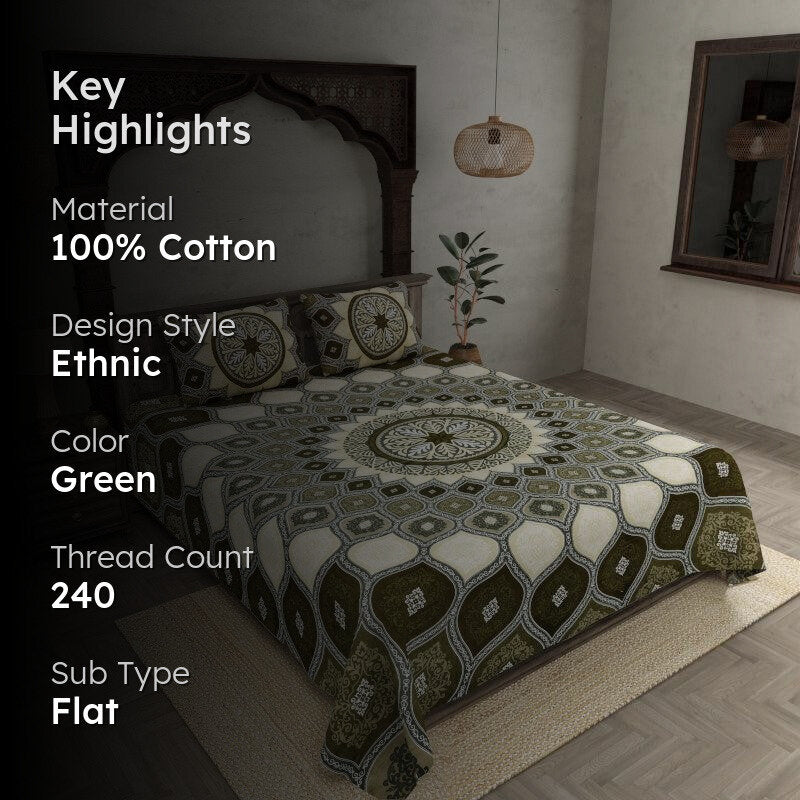 Navaj Mandala Cotton Bedsheet (Green) - 240 TC media 2