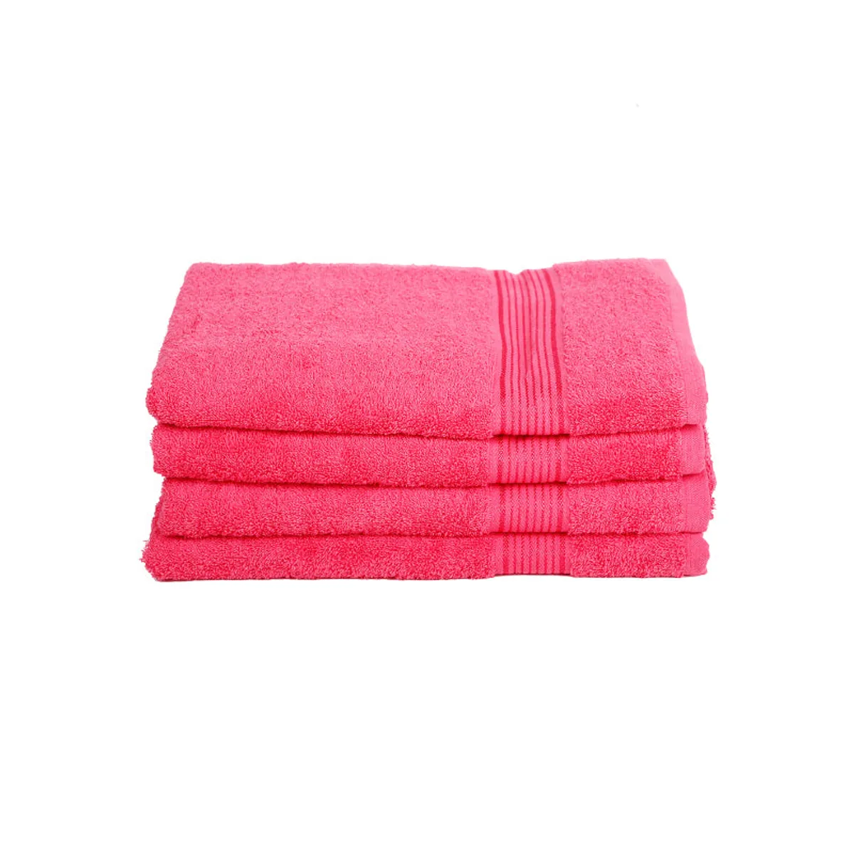 Four folded pink bath towels stacked against a white background