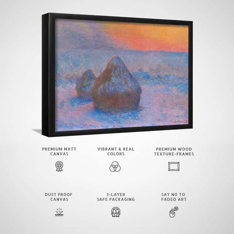 Stacks Of Wheat At Sunset, Snow Effect By Claude Monet - Black Frame media 3