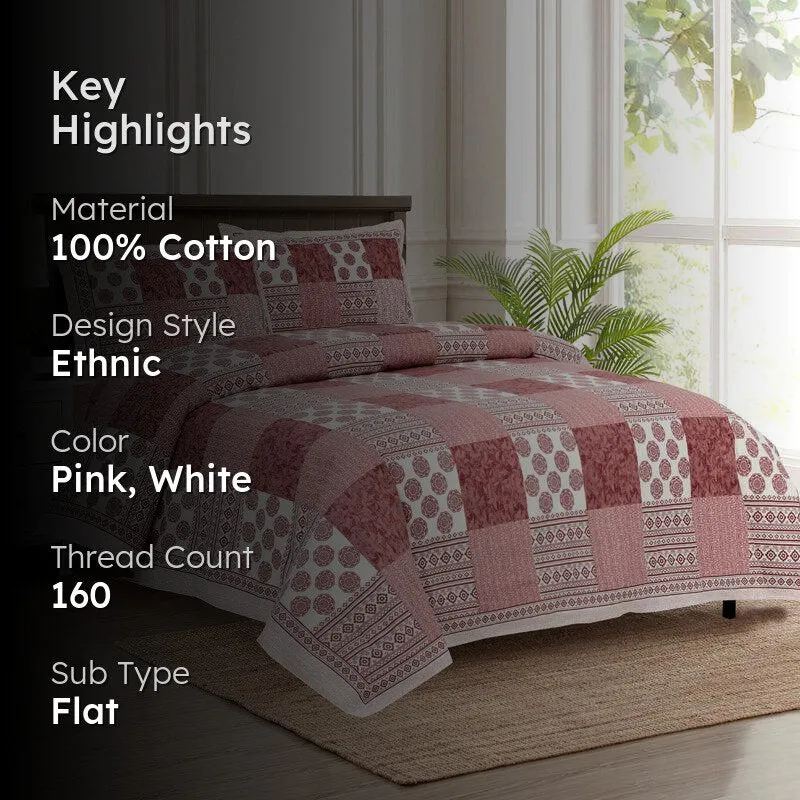 Lamora Ethnic Cotton Bedsheet (Pink,White) - 160 TC media 2