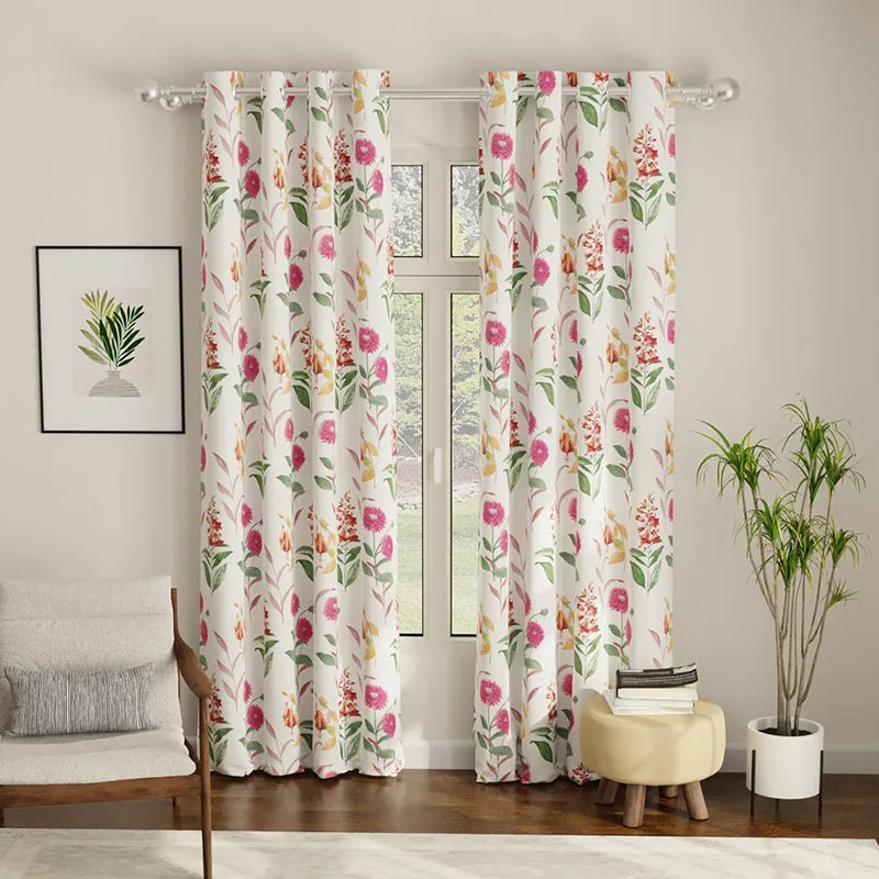 Pink floral cone flower curtain set of two styled curtain panel view