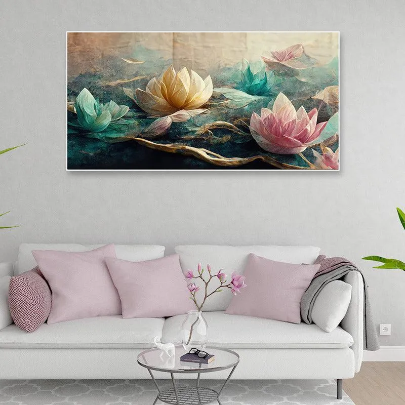 Lotus Gardenia Floral Wall Painting With Frame media 3