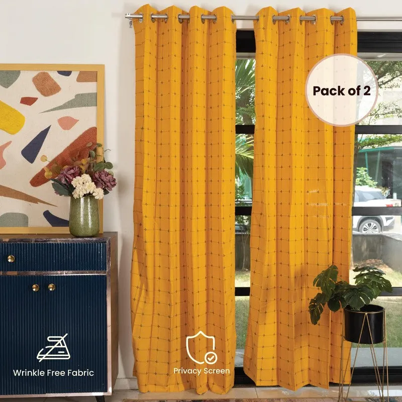 Pixel Checks Cotton Curtain - Mustard media 5