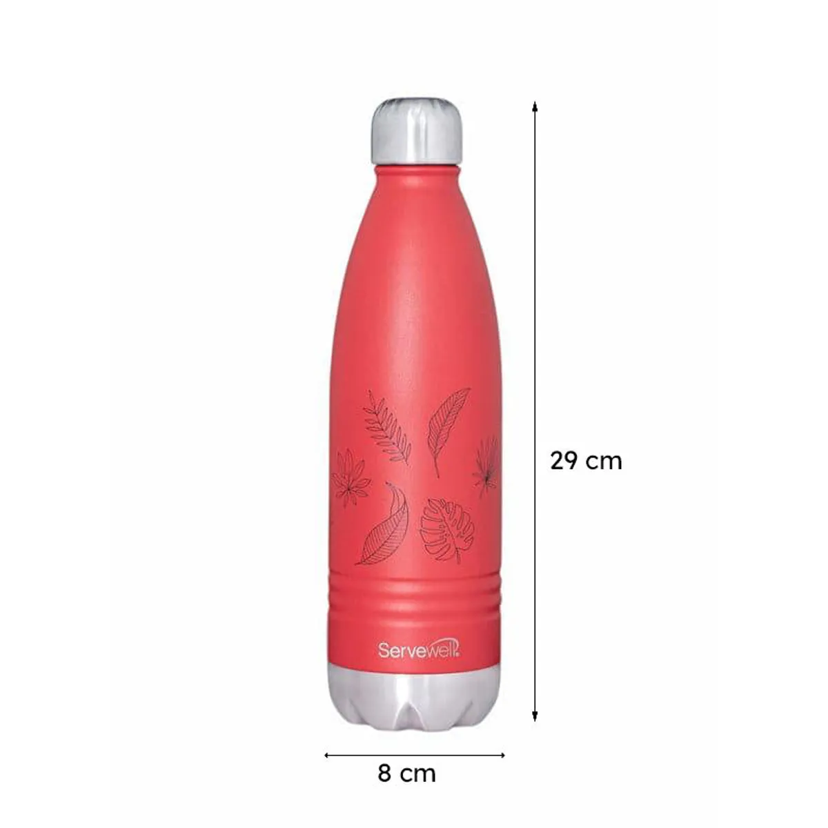 Red thermos bottle with visible 29 cm height and 8 cm width markers
