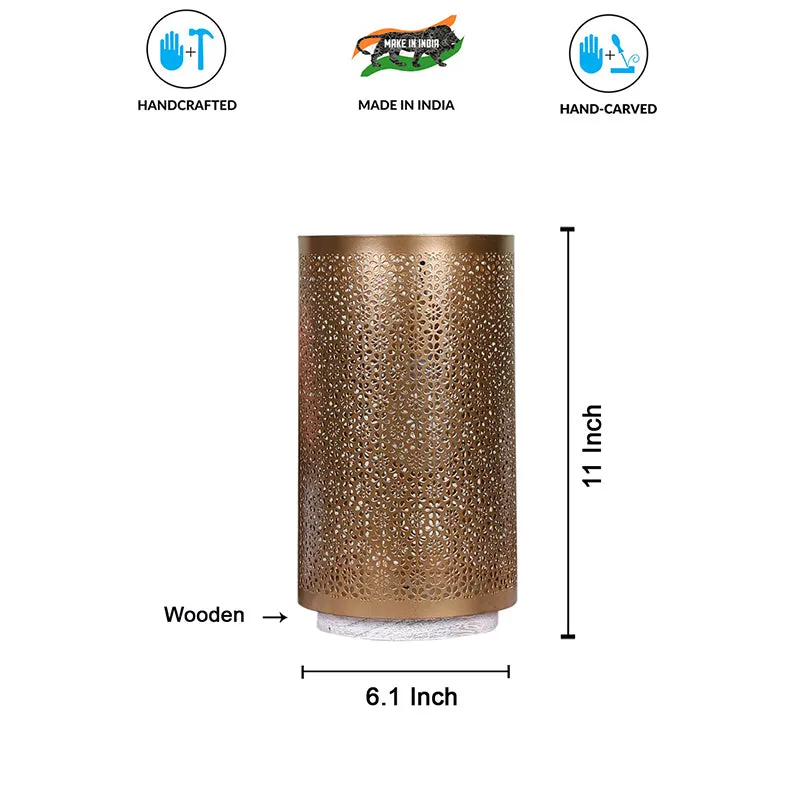 Navya Metal Table Lamp With Brushed Wooden Base - Gold media 5