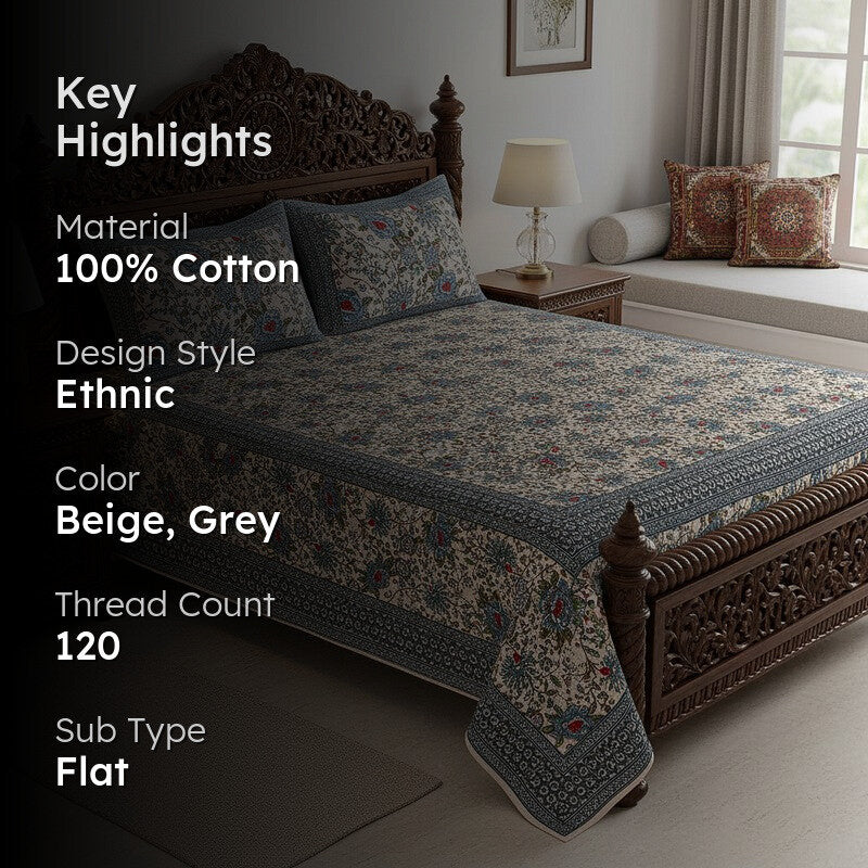 Alderidge Floral Printed Cotton Bedsheet (Grey) - 120 TC media 2