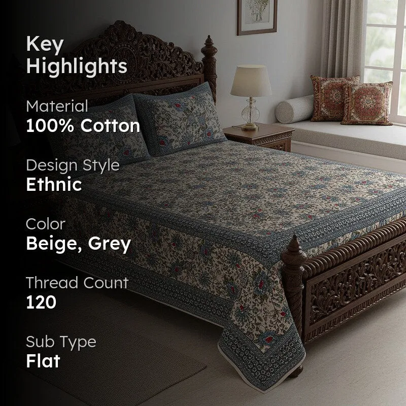 Alderidge Floral Printed Cotton Bedsheet (Grey) - 120 TC media 2