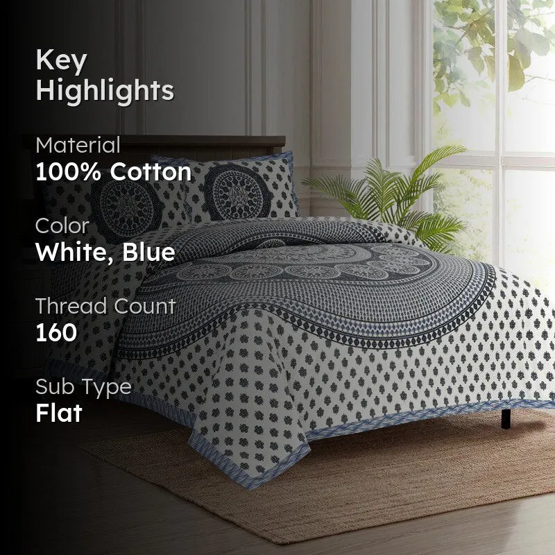 Aavani Ethnic Cotton Flat Bedsheet (White & Blue) - 160 TC media 2
