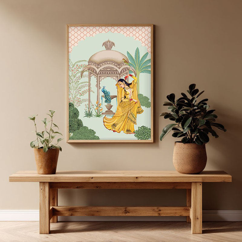 Bahar-e-Tanz Framed Mughal Canvas Archival Canvas Wall Painting - Natural Brown Frame