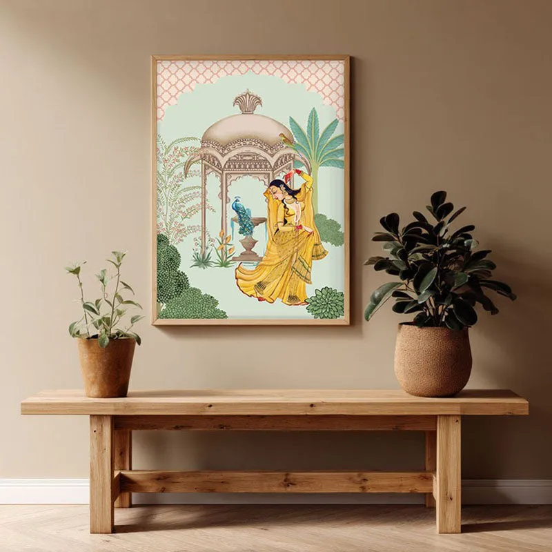 Bahar-e-Tanz Framed Mughal Canvas Archival Canvas Wall Painting - Natural Brown Frame media 1