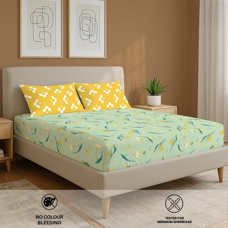 Lime Sunshine Floral Cotton Bedsheets (Green & Yellow) - 144 TC media 5
