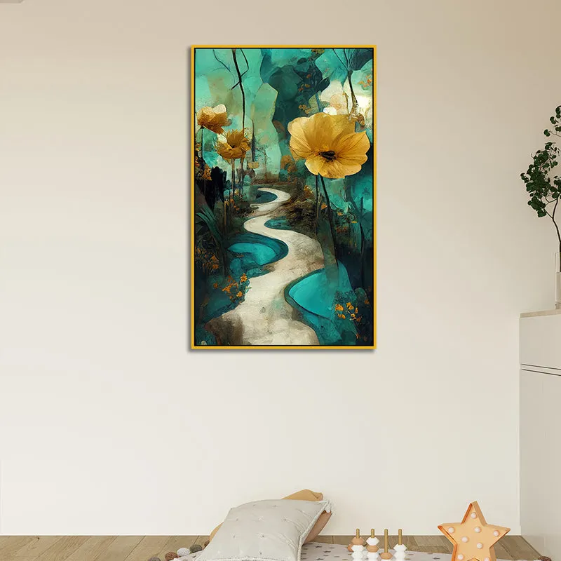 Winding Petal Path Floral Canvas Wall Painting With Frame - Gold media 5