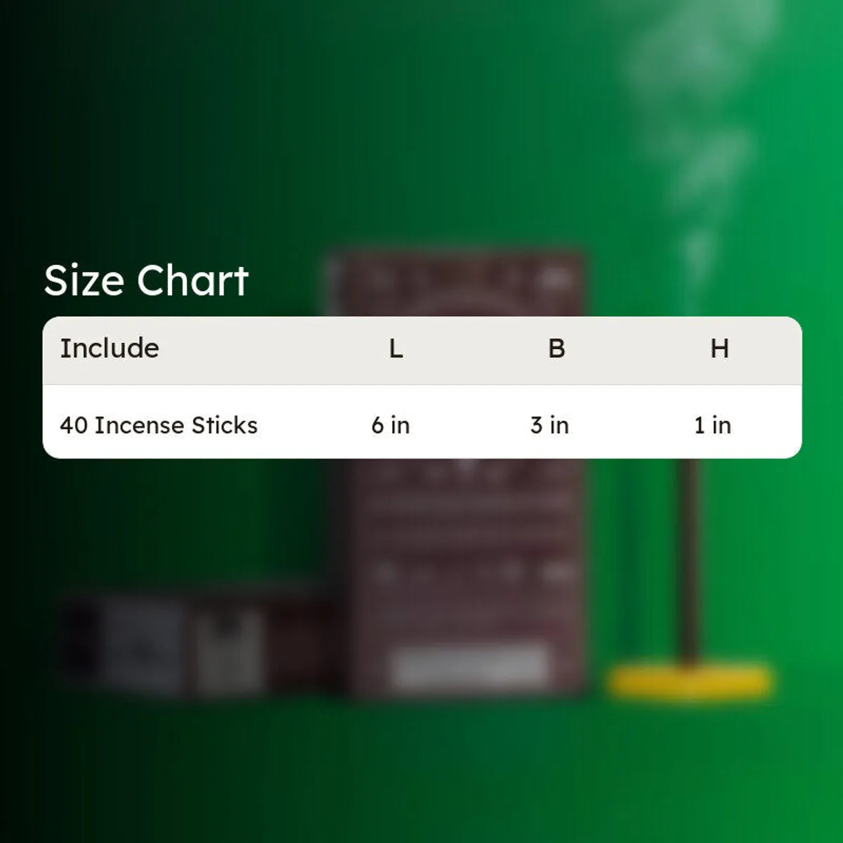 Size chart image for incense sticks on a green background