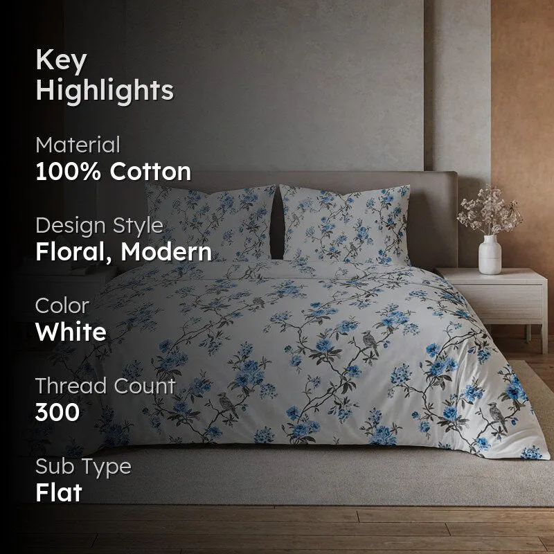 Cherry Blossom Printed Cotton Bedsheet (White, Blue) - 300 TC media 2