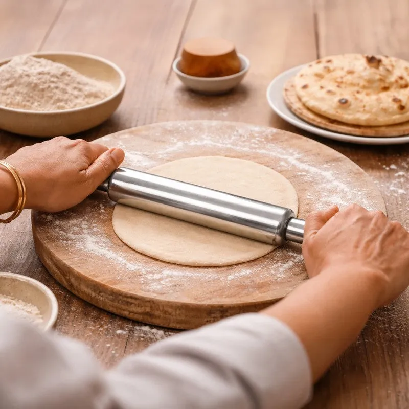 Hands using a steel rolling pin on dough over a round wooden board