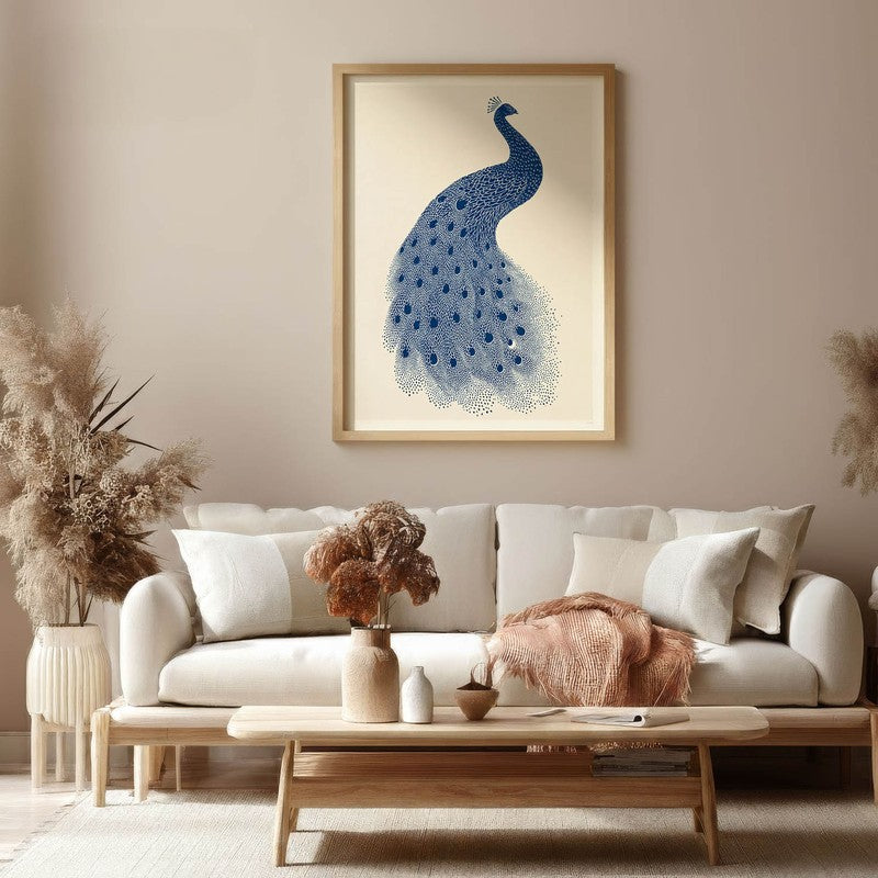 Minimal Peacock Motif Canvas Wall Painting With Brown Frame