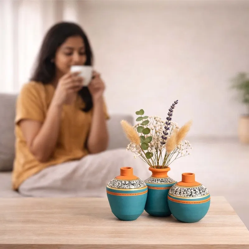 Aquaora Blue & Terracotta Artistic Vase - Set Of Three media 9