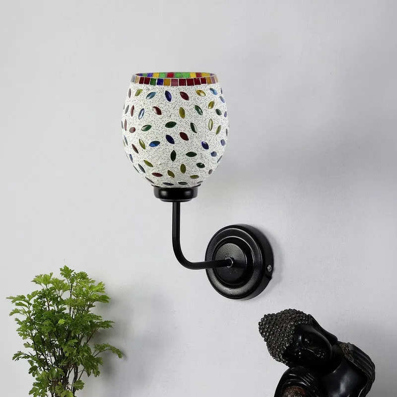 Wall-mounted mosaic glass lamp with black iron arm and white shade
