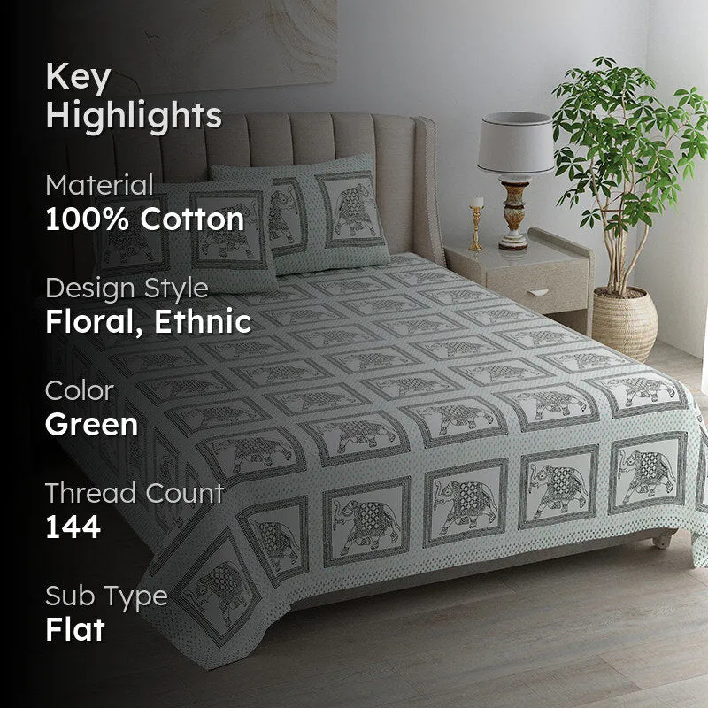 Ethnik Tusker Cotton Bedsheet (Light Green, Grey) - 144 TC media 2