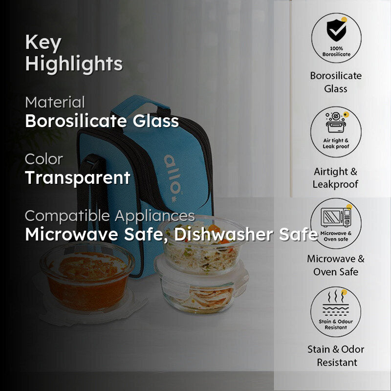 Oliva Round Glass Lunch Box With Blue Lunch Bag (400 ML) - Four Piece Set media 2