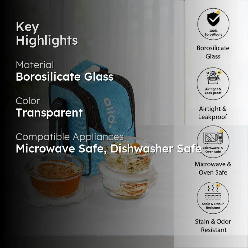 Oliva Round Glass Lunch Box With Blue Lunch Bag (400 ML) - Four Piece Set media 2