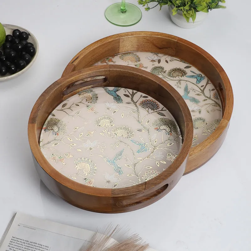 Blossom Glow Round Wooden Serving Tray - Set of Two media 1