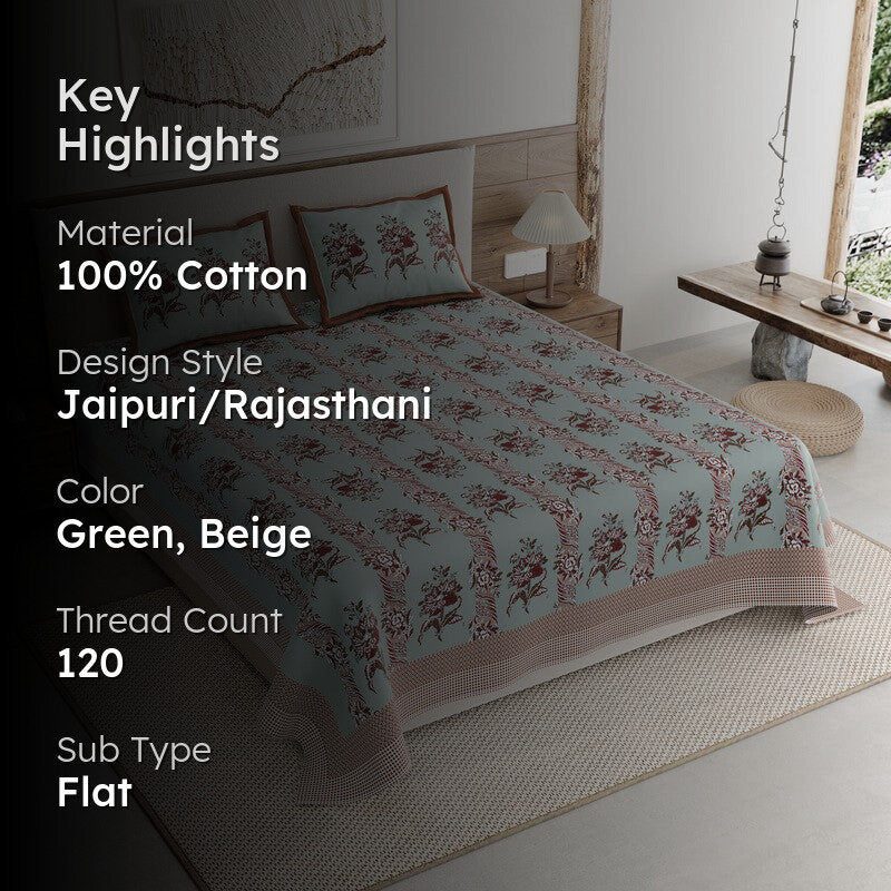 Rang Grace Cotton Bedsheet (Green,Beige) - 120 TC media 2