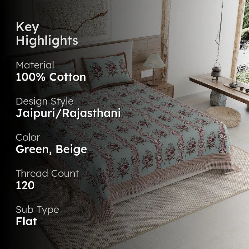 Rang Grace Cotton Bedsheet (Green,Beige) - 120 TC media 2