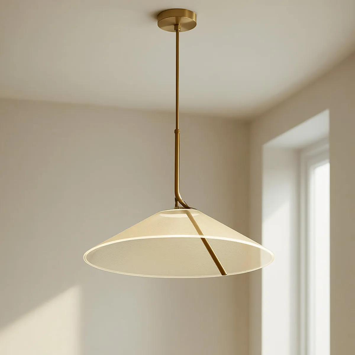Gold-beige conical ceiling lamp shown hanging in a bright neutral room