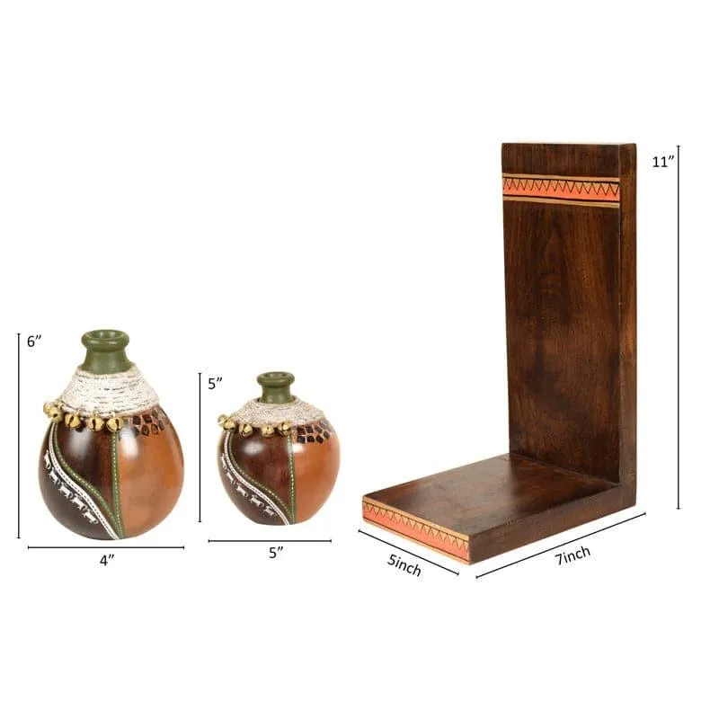 Coco Calm Wooden Wall Shelf With Earthen Vases - Set Of Four media 5