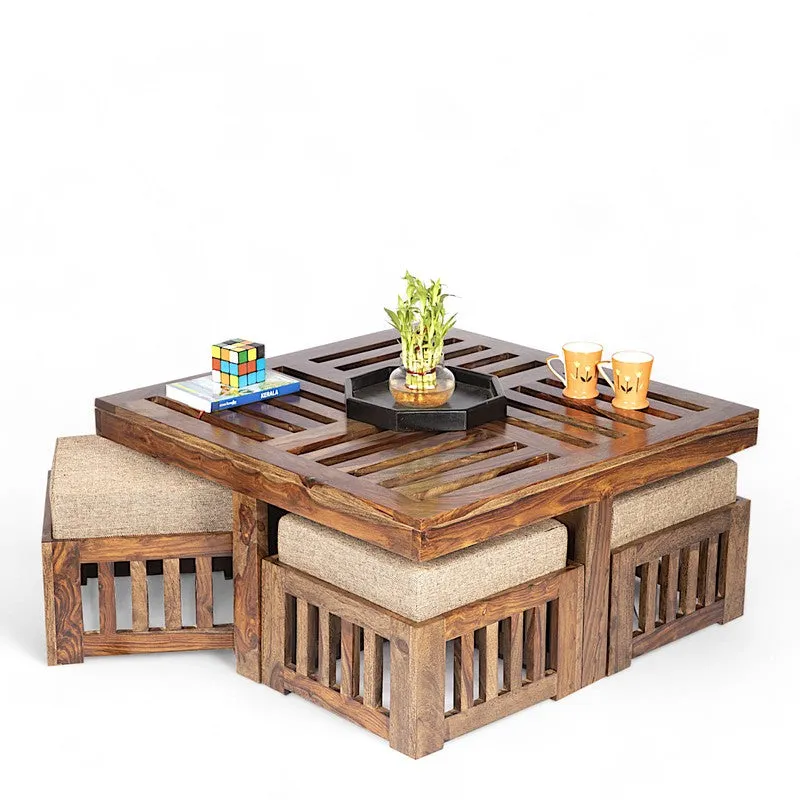Gaviron Sheesham Wooden Center Table with Stools and Cushions (Light Brown) - Nine Piece Set media 3