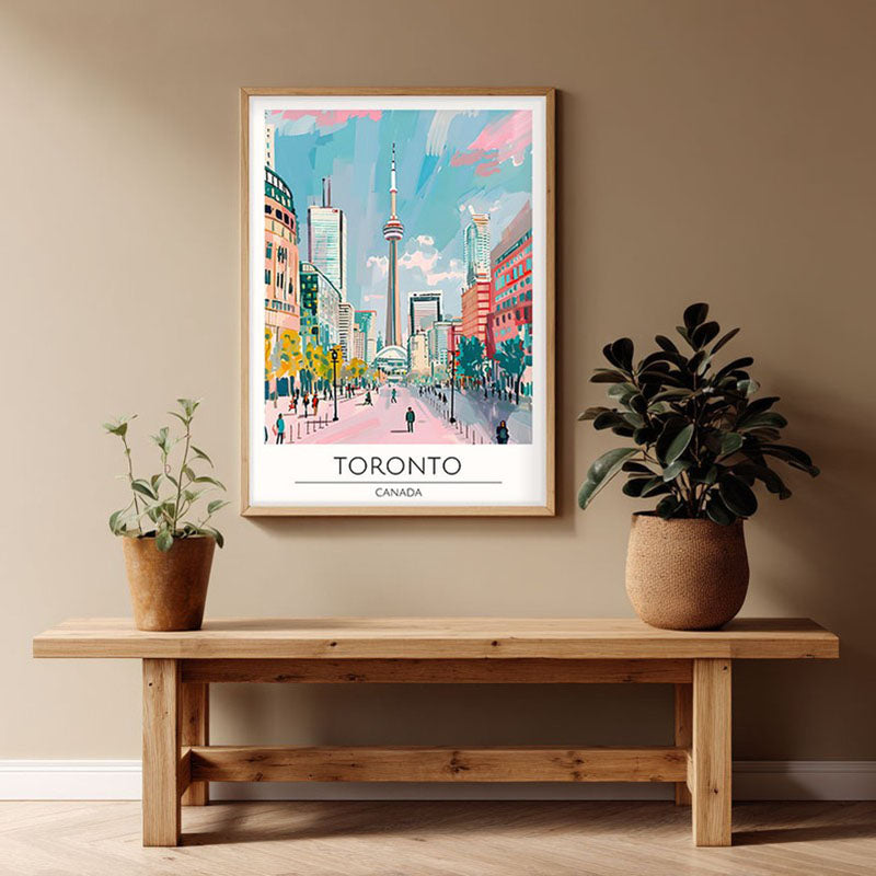 Vintage Toronto Framed Canvas Archival Canvas Wall Painting - Natural Brown Frame