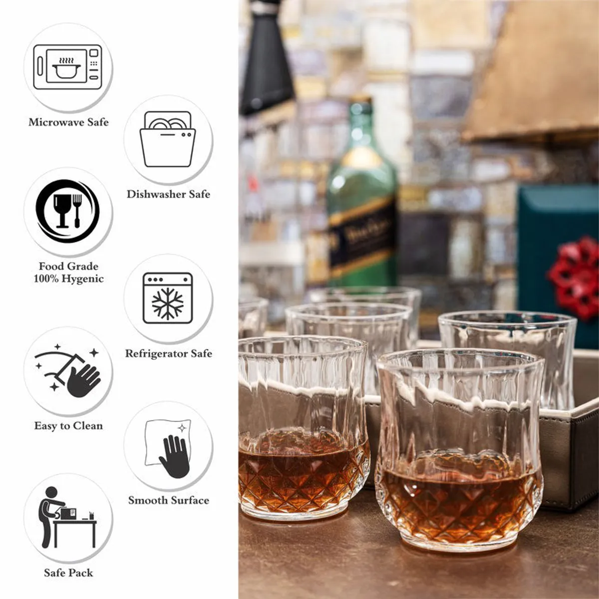 Clear patterned whiskey glasses displayed in a bar setting