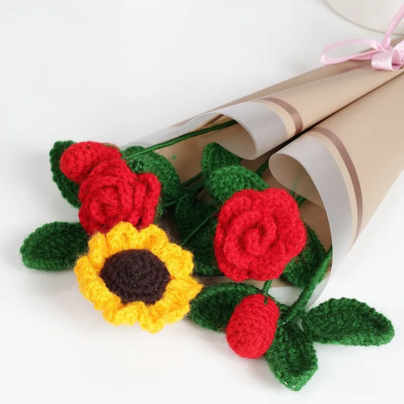 Crochet Handmade Rose & Sunflower Bouquet (Yellow,Red) - Set Of Five media 6