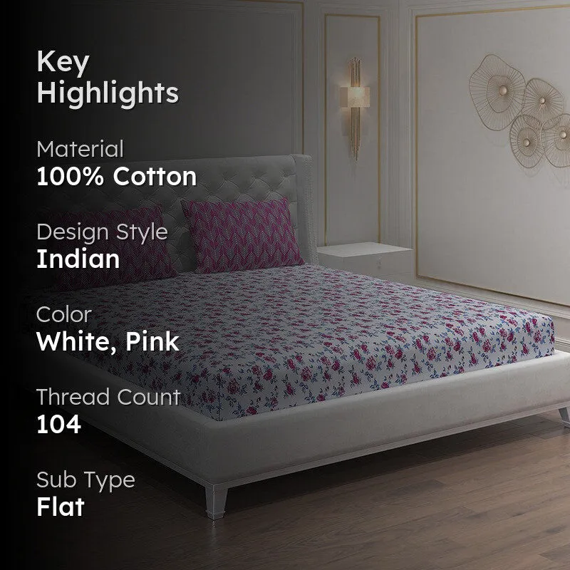 Monte Carlo Fleurish Cotton Bedsheet (White,Pink) - 104 TC media 2