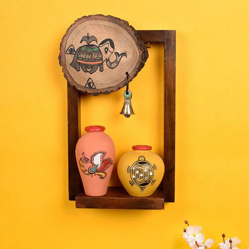 Jasleen Terracotta & Wood Wall Shelve With Pot - Three Piece Set media 1